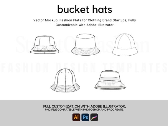 Bucket Hats Flat Technical Drawing Illustration Classic Blank Streetwear  Mock-up Template for Design Tech Packs CAD 