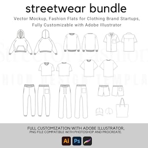 Op de afbeelding: Een set van 14 zwart-witte lijntekeningen van streetwear-kledingstukken, waaronder hoodies, sweatshirts, t-shirts, broeken, shorts, een pet en een tote bag. De tekst "streetwear bundle" staat bovenaan de afbeelding. De tekst "Fully Customizable with Adobe Illustrator" staat onder de kledingstukken. De tekst "FULL CUSTOMIZATION WITH ADOBE ILLUSTRATOR, PNG FILE COMPATIBLE WITH PHOTOSHOP AND PROCREATE." staat onderaan de afbeelding.