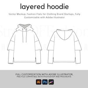 Double Layered Hoodie Flat Technical Drawing Illustration Classic Blank Streetwear Mock-up Template for Design Tech Packs CAD