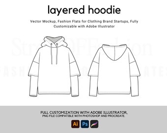 Doppellagiger Hoodie Flach Technische Zeichnung: Streetwear Mock-up Vorlage