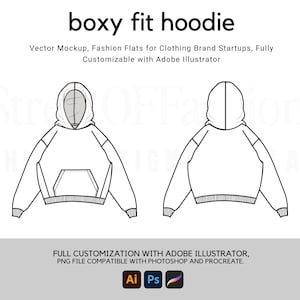 Streetwear Classic Boxy Fit Hoodie - Vector Ai. PNG File - Fashion Technical CAD Flat Drawing - Download File