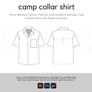 May include: Line drawing of a camp collar shirt, showing the front and back views. The shirt has a button-up front, short sleeves, and a pocket on the left side.