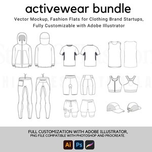 Activewear Bundle - Includes Sportswear and Gymwear Flat Sketch Tech Drawings Illustrator Ai. PDF Vector Download File