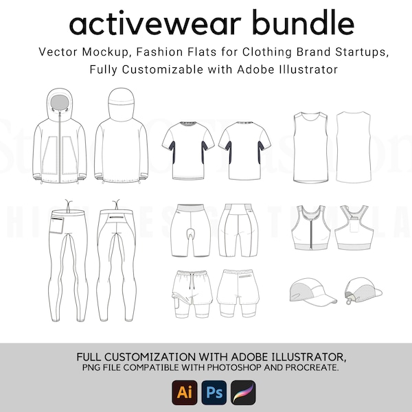 Activewear Bundle - Includes Sportswear and Gymwear Flat Sketch Tech Drawings Illustrator Ai. PDF Vector Download File