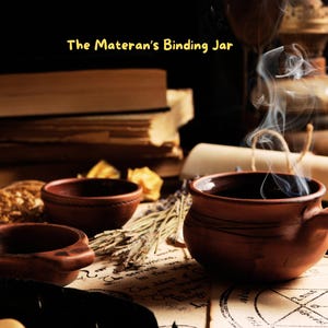 Op de afbeelding: Een stilleven met een bruine keramische beker met rook. De scène bevat kleine bruine kommen, gedroogde kruiden en oude boeken, met de tekst "The Materan's Binding Jar" bovenaan.