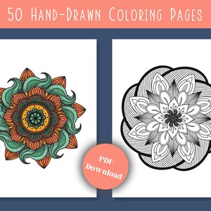50 páginas para colorir de mandala para impressão para adultos, livro de colorir para adultos em PDF desenhado à mão, download digital instantâneo para alívio do estresse