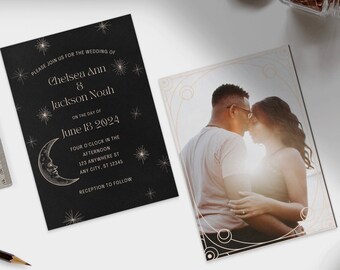 May include: Black wedding invitation with gold foil accents featuring a crescent moon and stars. The invitation reads "Please join us for the wedding of Chelsea Ann & Jackson Noah on the day of June 18, 2024. Four o'clock in the afternoon, 123 Anywhere St, Any City, ST 12345. Reception to follow."