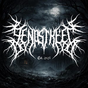 May include: A digital illustration with the white text "SENASTREET" in a gothic font, set against a forest backdrop. The image includes a small cabin and the text "Est. 2024". The overall theme is dark and mysterious.
