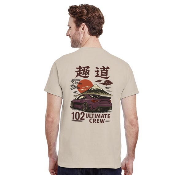 JDM T-Shirt "102 Ultimate Crew" – Japan Style Car Shirt – Gildan 5000 in Sand – Stanced Drift Car Design – JDM Scene Gift