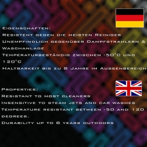 May include: Image with text in German and English. The German text lists properties including resistance to cleaners, insensitivity to steam jets, and temperature resistance between -50 and 120 degrees Celsius. The English text mirrors these properties.