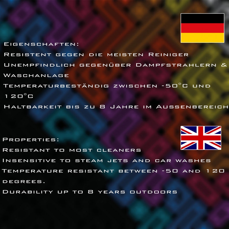 May include: Image with text in German and English. The German text lists properties including resistance to cleaners, insensitivity to steam jets, and temperature resistance between -50 and 120 degrees Celsius. The English text mirrors these properties.