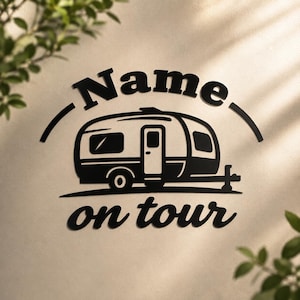 May include: Black and white camper silhouette with the text "Name" above and "on tour" below. The camper has a door, windows, and wheels. The design is on a light beige background.
