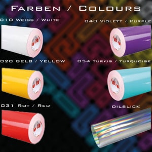 May include: Image showcasing rolls of colored vinyl wrap. Colors include white, yellow, red, purple, turquoise, and an iridescent "oilslick" finish. Text in German and English indicates the colors. The rolls are displayed against a colorful, abstract background.