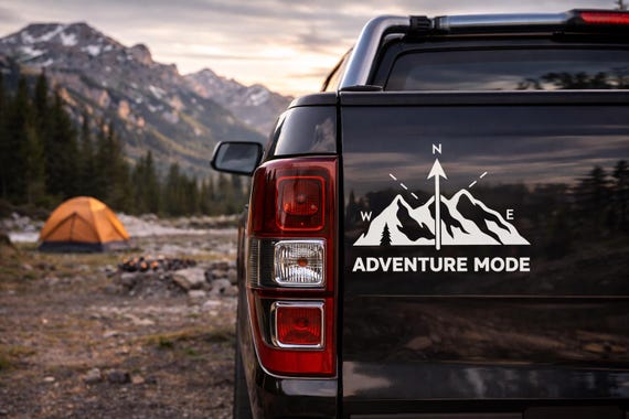 Adventure Mode Vinyl Sticker – Mountain Compass Decal for Camper, RV, Truck & Car | Outdoor Adventure Camping Car Decal