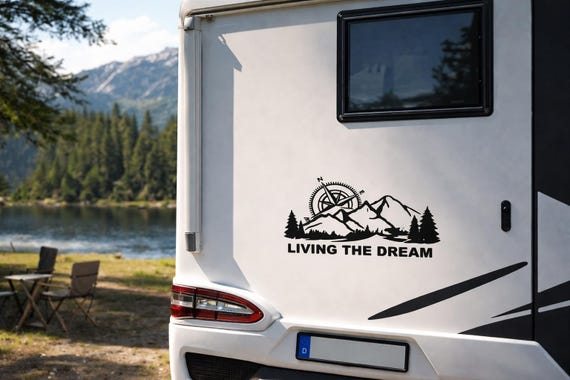 Living The Dream Vinyl Sticker – Mountain Compass Decal for Camper, RV, Caravan & Car | Camping Outdoor Vehicle Sticker