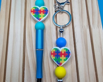 Autism puzzle piece pen and keychain