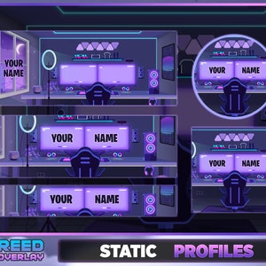 May include: A purple and blue Twitch overlay with a gamer setup featuring a desk, two monitors, a chair, and a microphone. The overlay has the text "YOUR NAME" in a white box.