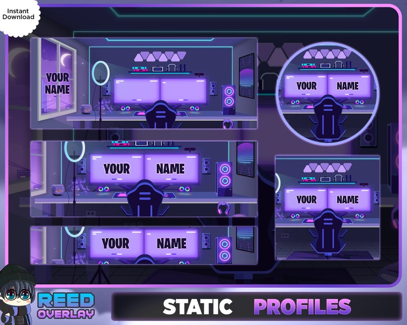 May include: A purple and blue Twitch overlay with a gamer setup featuring a desk, two monitors, a chair, and a microphone. The overlay has the text "YOUR NAME" in a white box.