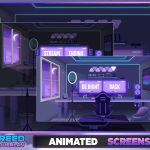May include: Animated screens overlay for streaming with a purple and blue color scheme. The overlay features a gamer's setup with a desk, chair, and multiple monitors. The text "STREAM", "ENDING", "BE RIGHT BACK", and "BACK" are displayed on the monitors. The text "REED OVERLAY ANIMATED SCREENS" is displayed at the bottom of the image.