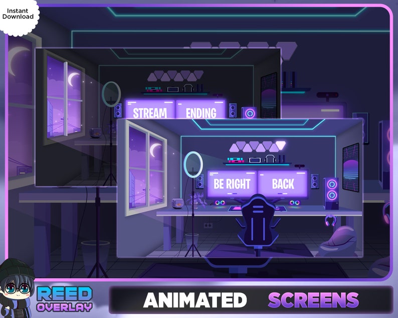 May include: Animated screens overlay for streaming with a purple and blue color scheme. The overlay features a gamer's setup with a desk, chair, and multiple monitors. The text "STREAM", "ENDING", "BE RIGHT BACK", and "BACK" are displayed on the monitors. The text "REED OVERLAY ANIMATED SCREENS" is displayed at the bottom of the image.