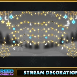 May include: A set of digital overlays for streaming featuring glowing Christmas lights, stars, and crescent moons in gold and blue. The text "STREAM DECORATION" is at the bottom of the image.