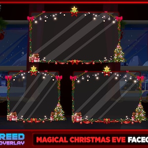 Puede incluir: Una superposición de streaming con temática de Nochebuena con un marco rojo, verde y dorado decorado con luces, regalos y un árbol de Navidad. El texto "Magical Christmas Eve Facecam" está en la parte inferior de la imagen.