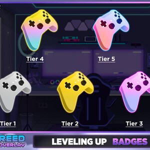 May include: Five different colored game controller badges with the text "Tier 1", "Tier 2", "Tier 3", "Tier 4", and "Tier 5" below each badge. The text "LEVELING UP BADGES" is at the bottom of the image.