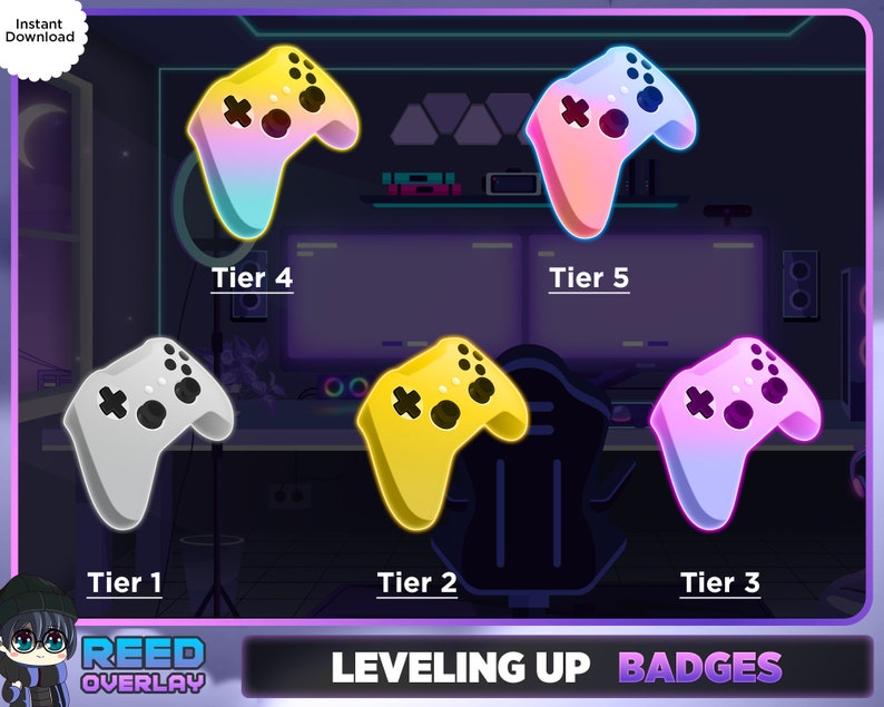 May include: Five different colored game controller badges with the text "Tier 1", "Tier 2", "Tier 3", "Tier 4", and "Tier 5" below each badge. The text "LEVELING UP BADGES" is at the bottom of the image.