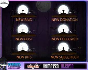 Paquete de alertas de Twitch para Halloween: Paquete animado de luna aterradora