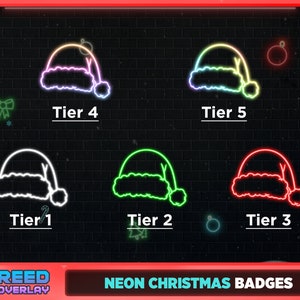 May include: Five neon Christmas badges in the shape of Santa hats, with each hat representing a different tier. The tiers are labeled 1 through 5. The badges are on a black brick background with a red border.