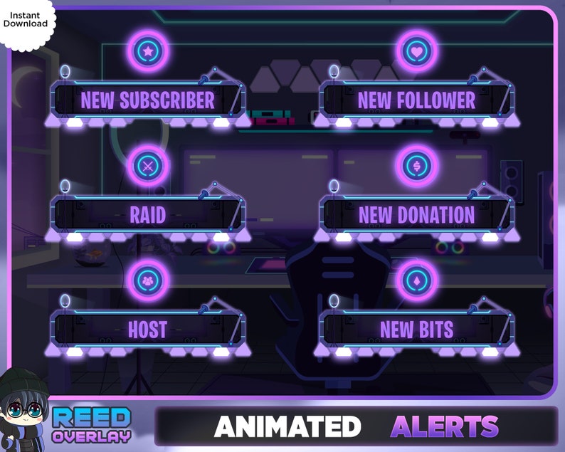 May include: Animated alerts for Twitch streams with a purple and black color scheme. The alerts include: New Subscriber, New Follower, Raid, New Donation, and New Bits.