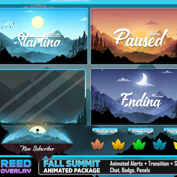 Animated Stream Package with 3 Screens "Fall Summit" - Lofi Aesthetic and Calm Vibes Full Day Cycle -  Fall Season Mountain Scene