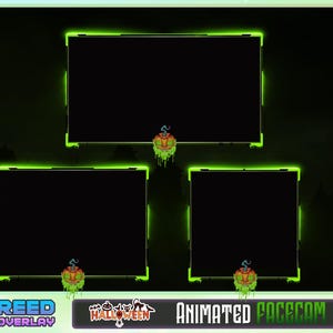 May include: A digital Halloween-themed overlay with three black rectangular frames outlined in neon green. Each frame has a pumpkin graphic with green slime dripping from it. The text "REED OVERLAY" and "ANIMATED FACECAM" are also present.