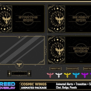 Pacchetto di streaming animato completo in stile tarocchi "COSMIC WINGS" - Sovrapposizione di Twitch a tema reale accogliente stelle dell'universo - Carta dei tarocchi celesti puliti