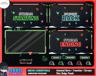 Neon Christmas Twitch Stream Overlay Package: Animated Holiday Theme (Digital Download)