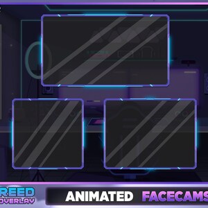 May include: Animated facecam overlay for streaming with a purple and blue neon border. The overlay has three rectangular frames with a dark background and a subtle diagonal pattern. The text "REED OVERLAY ANIMATED FACECAMS" is at the bottom of the image.