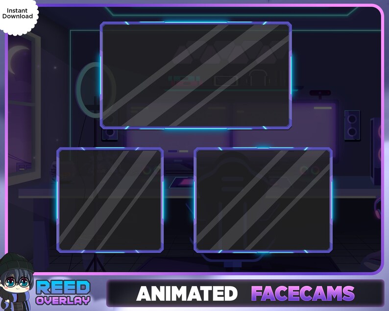 May include: Animated facecam overlay for streaming with a purple and blue neon border. The overlay has three rectangular frames with a dark background and a subtle diagonal pattern. The text "REED OVERLAY ANIMATED FACECAMS" is at the bottom of the image.