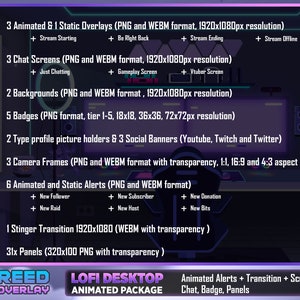 May include: A purple and blue animated package for Twitch and YouTube streamers. The package includes animated overlays, chat screens, backgrounds, badges, profile picture holders, social banners, camera frames, alerts, a stinger transition, and panels. The package is called "REED Lofi Desktop Animated Package".