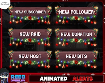 6x Christmas Theme Animated Alert's Pack - Holiday Festival Fireworks - String Light Overlay