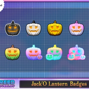 May include: Eight Jack-O-Lantern badges in various colors, including black, white, yellow, orange, green, pink, blue, and purple. The badges feature a smiling jack-o-lantern face with a carved mouth and eyes.