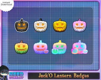May include: Eight Jack-O-Lantern badges in various colors, including black, white, yellow, orange, green, pink, blue, and purple. The badges feature a smiling jack-o-lantern face with a carved mouth and eyes.