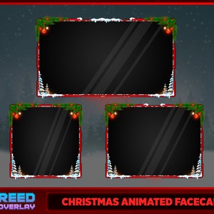 Puede incluir: Superposición de cámara frontal animada de Navidad con un borde rojo, ramas de pino verdes y adornos rojos. El texto "REED OVERLAY" y "CHRISTMAS ANIMATED FACECAM" están en la parte inferior de la imagen.