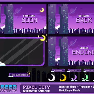 Volledig geanimeerd Pixel Lofi Twitch-overlaypakket "Pixel City" - Schattig esthetisch retro-futaristisch stadsbeeld - ruimteschip Bright Vtuber Twitch