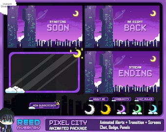 Animated Pixel City Twitch Overlay Package: Retro Lofi Vtuber (Digital Download)