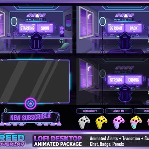 Paquete de superposición de Twitch animada estética de Lofi &quot;Lofi Desktop&quot; - Configuración de juegos Cozy Stream Room Night Sky - Paquete Purple RGB Vibe Stream