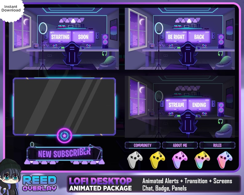May include: A purple and blue animated Twitch overlay with a gamer room theme. The overlay includes a new subscriber alert, a stream starting and ending screen, and a community section with buttons for community, about me, and rules. The overlay also includes animated alerts, transitions, and screens for chat, badges, and panels.