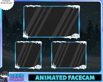 May include: Animated winter-themed overlay for streaming with three rectangular frames with a snowy border and a blue glow. The text "REED OVERLAY" and "ANIMATED FACECAM" are at the bottom of the image.