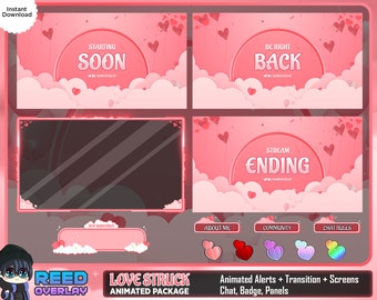 Love Struck Twitch Overlay Package: Pink Hearts, Animated Screens (Digital Download)