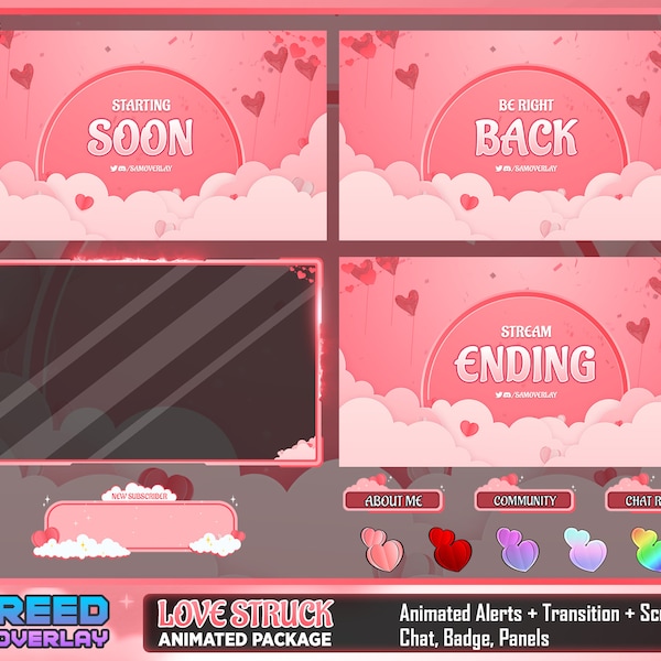 Love Struck Twitch Overlay Package: Pink Hearts, Animated Screens (Digital Download)