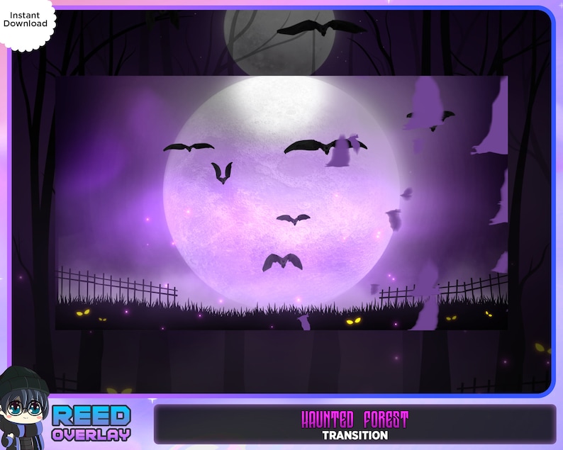May include: A purple and black digital overlay with a full moon, bats, and a fence. The text "Haunted Forest Transition" is at the bottom of the image.